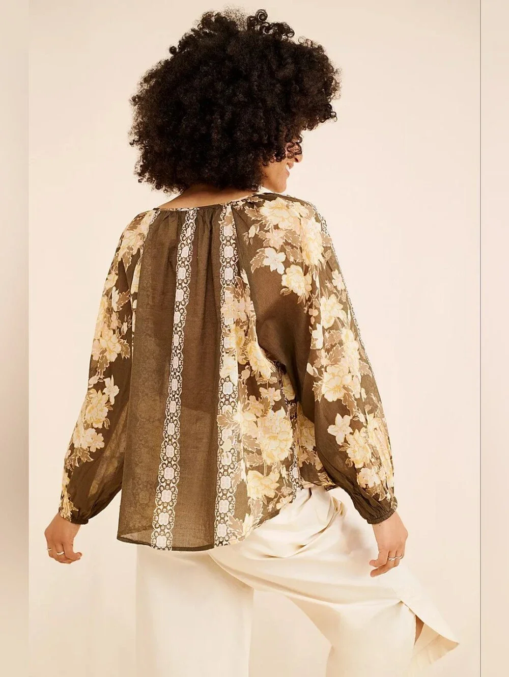 Free People Elena Printed Billowy Top Brown Floral Boho Peasant Blouse M